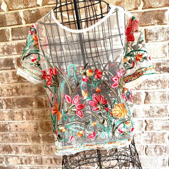 Floral Embroidered Sheer Mesh Crop Top Medium? Festive Cruise Vacation Festival - Picture 2 of 9